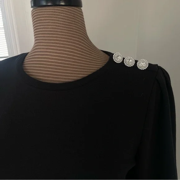 J Crew Black Puffsleeve Sweatshirt with Jeweled Button Detail size M GUC - Picture 4 of 8